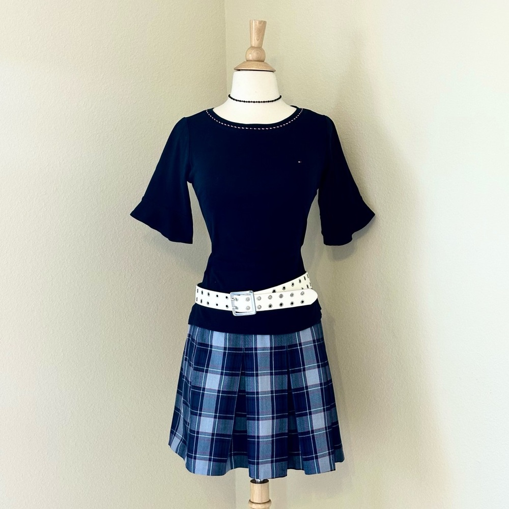 Vintage Pleated Navy and Red Plaid Skirt